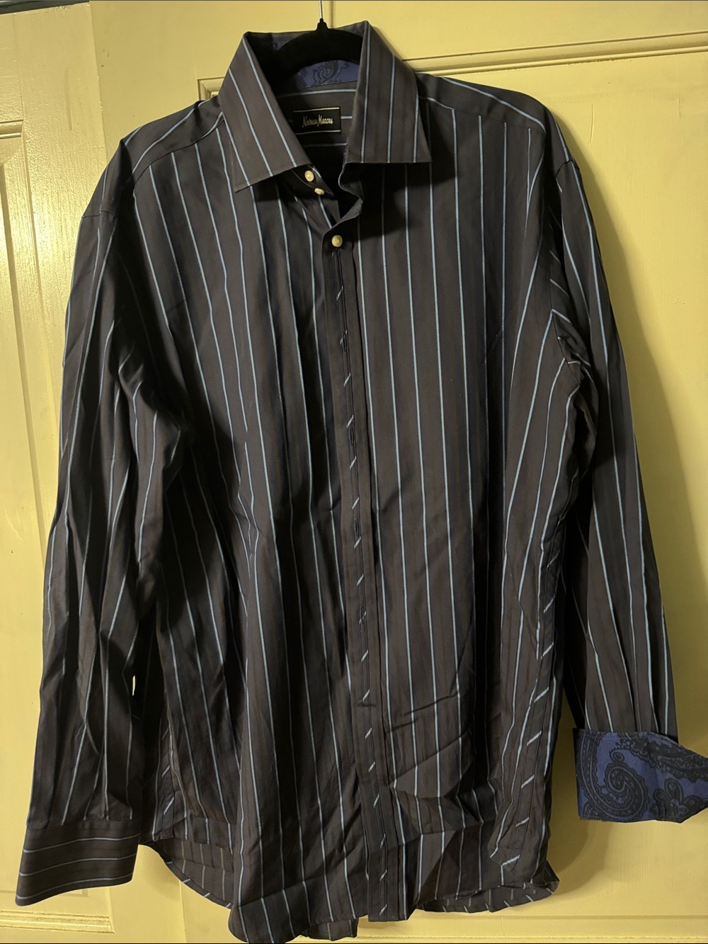 Neiman Marcus Men's Navy Pinstripe Dress Shirt with Light Blue & Black Stripe